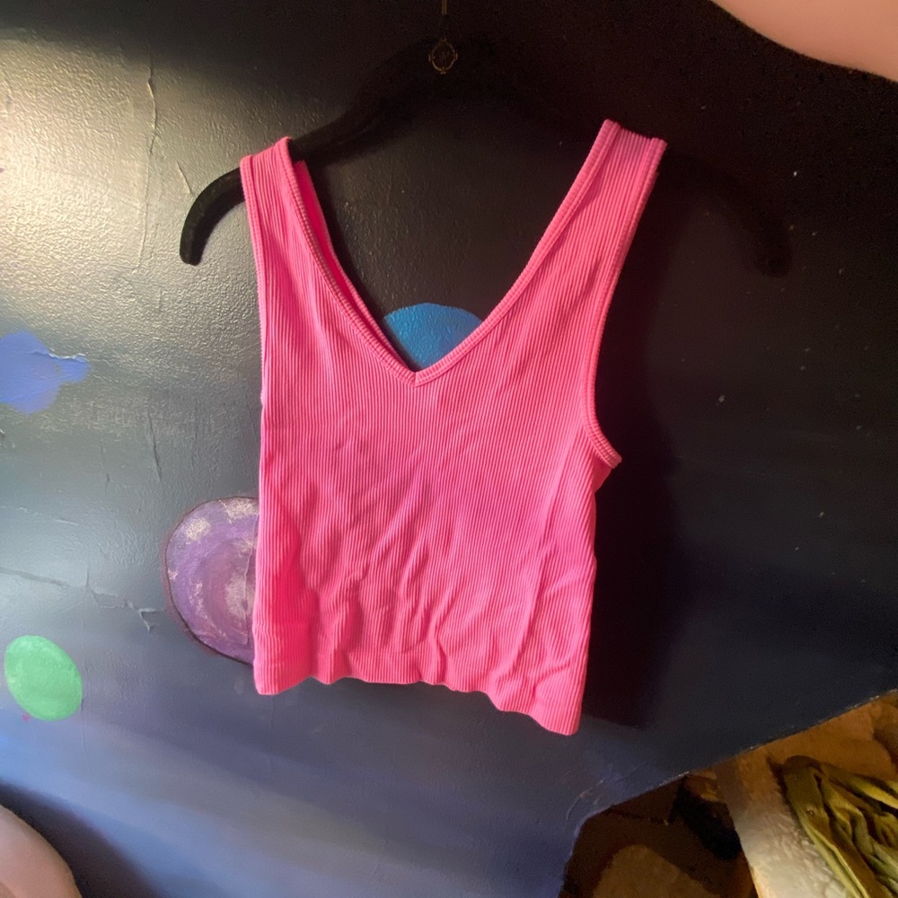 Neon Pink Ribbed V-Neck Cropped Women's Top